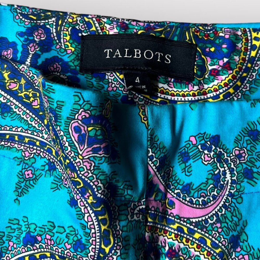 Talbots size 4 Turquoise Blue Paisley Flat Front Crop Pants - Picture 2 of 10